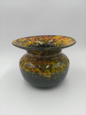 Mid-Century Black Yellow Orange Drip Glaze USA Pottery Spittoon Shape Vase -image