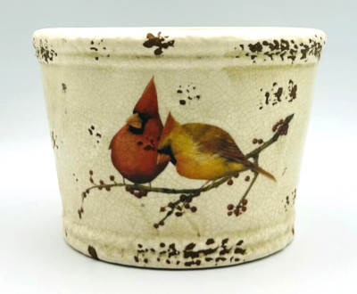 Creative Co-op Cardinal Pair on Red Berry Branch Planter Crackle Weathered Look-image