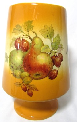 Vintage Folk Art Orange Ceramic Footed Vase Pears Grapes Mid Century Signed 1976-image