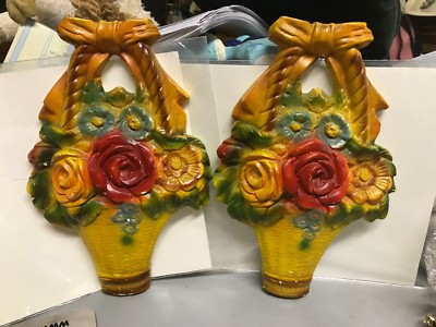 Vtg 2 Chalk Plaster Flowers in Basket Orange Yellow Red Retro Mid Century Decor -image