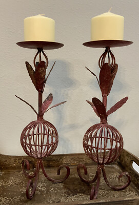 NOS Creative Co-op Red Distressed Metal Leaf Leaves Pillar Candle Holder Set 2-image