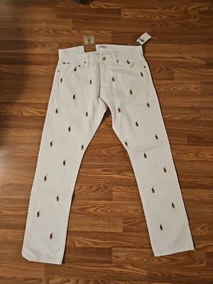Polo Ralph Lauren Sullivan Slim-Fit ALLOVER Pony MENS Zip-Fly White Jeans 33-32-image