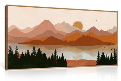 Boho Mountain Burnt Orange Wall Art Framed, Mid Century Modern Terracotta Wal...-image