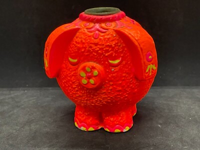 1969 Hallmark Neon Fluorescent Orange/Pink Painted Flower Power Pig Candlestick-image