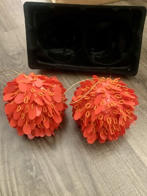Christmas Ornaments 2 Coral Orange Sequins Reflective Ball w/Beads Boho Chic-image