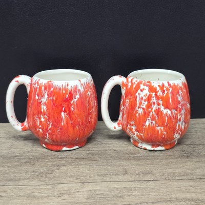 2 Vtg MCM Mid Century Modern orange Red Ombre Drip Glaze Mugs Coffee Cups Retro -image