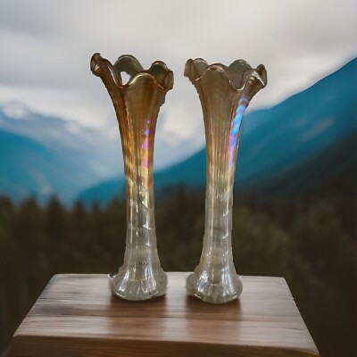 Mid-Century Large Marigold Orange Iridescent Carnival Art Glass Swung Vase Pair-image