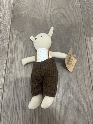 Creative Co Op Linen Dog Plush Mini Animal Doll 6” Boy Brown Overalls Natural-image