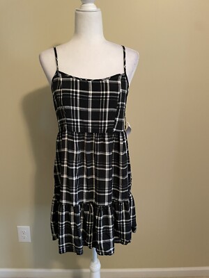 la la land Creative Co Womens Spaghetti Strap Checked Black Baby Doll Dress Sz M-image