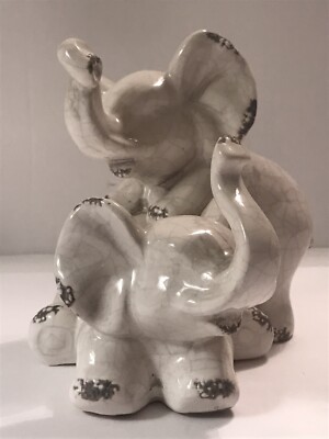 Sullivans Gifts Ceramic White Crackle Playing Lucky Elephants Trunks Raised Dist-image