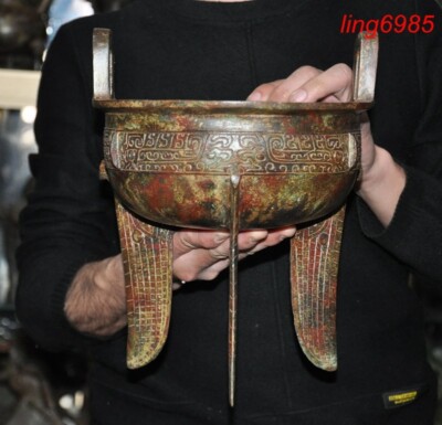 ancient China Buddhism temple Bronze Ware joss Incense burner Censer statue-image
