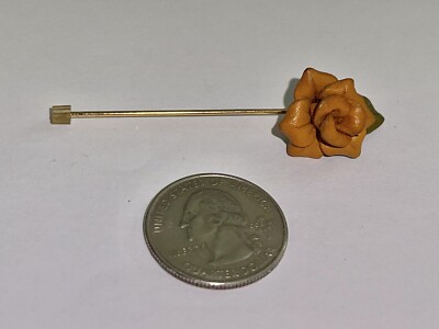 Vintage Mid Century Mod Tooled Leather Burnt Orange Rose & Leaf Stick Pin-image