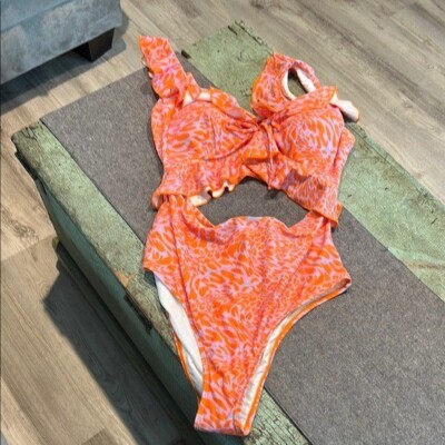 Eloquii Orange and Lilac flutter shoulder Open mid-section One Piece Swimsuit 18-image