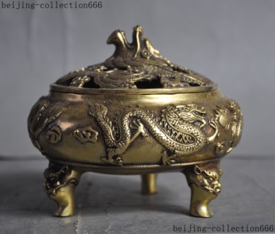 China brass temple Joss 2 Dragon play Beads phoenix statue Incense Burner Censer-image