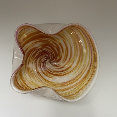VTG Murano Art Glass Bowl Adventurine Swirl Orange Yellow Mid Century Modern-image