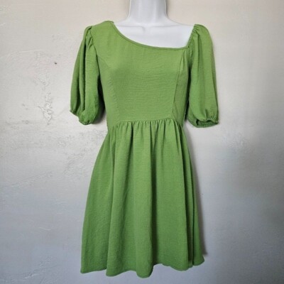 Lalaland Creative Co. Asymmetrical Neckline Green Mini Dress Quarter Puff Sleeve-image