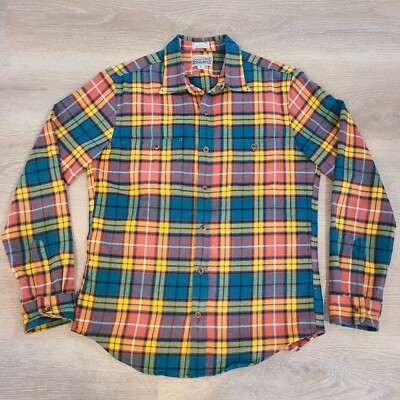 J Crew Mid Weight Double Brushed Flannel Slim Mens Medium Teal Yellow Orange-image