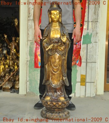 China Buddhsim joss Gilt Bronze Kwan-yin Quan yin Guanyin Bodhsiattva Sculpture-image