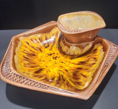 Mid-Century California Original 733 Pottery Orange Drip Chip & Dip Platter-image