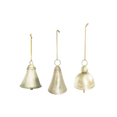 Creative Co-Op Hanging Metal Bells on a Gold String, Distressed Pewter Finish...-image
