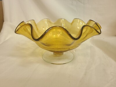 Mid Century  Amber Art Glass Pedestal Compote Bowl Crackle bottom  10 X 5 inch-image