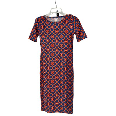 LuLaRoe Retired Julia Dress XXS Blue with Orange Florals SS Form Fitting NWT-image