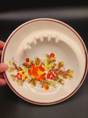 MCM Vintage Hand Painted Round Ashtray Made in Brazil Orange Green Yellow Floral-image