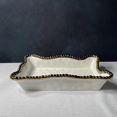 “Hello Honey” Creative Co Op Creamy White 9.5” Tray With Shiny Gold Rope Edge-image
