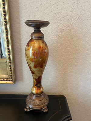 vintage mid Century Gold Amber Orange Glazed Glass Decor Candle Holder -image