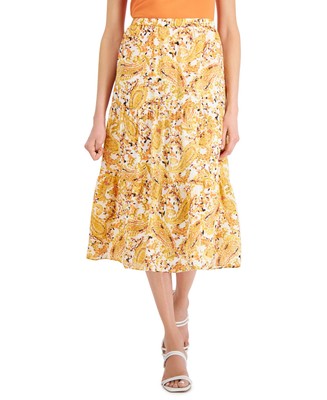 Kasper Women's Paisley Tiered Midi Skirt Orange Size Small-image
