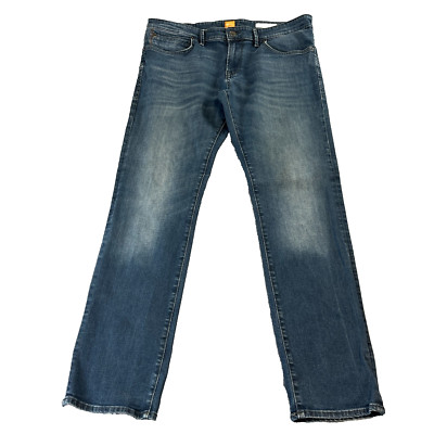 Hugo Boss Tapered Jeans Mens 36 32 Mid Wash Blue Whiskers Stretch Orange 24-image