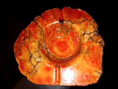 MCM Carved Alabaster Ashtray Marble Stone Orange Big heavy mid century Free Ship-image