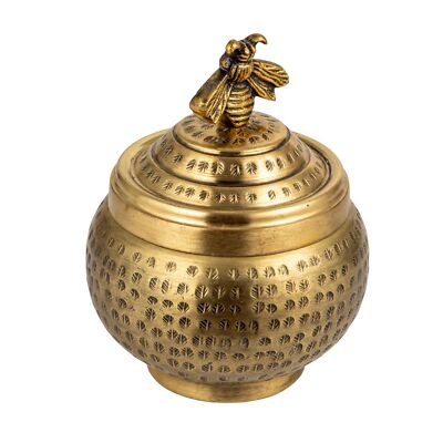 Creative Co-Op Round Hammered Metal Container with Bee Finial, Brass Finish-image