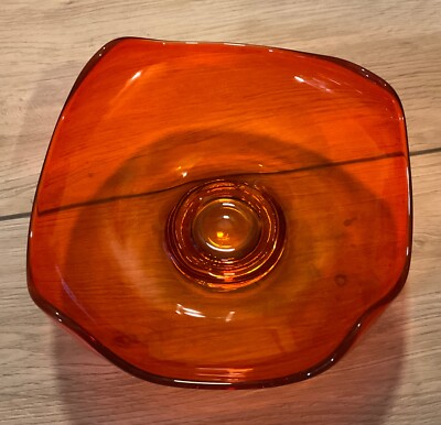 Mid Century Viking Modern Style Orange Curved Glass Candy Dish- 7” x 2.5”-image