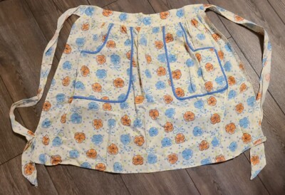 Vintage Half Apron Retro MCM Blue Orange Ivory  50’s 60’s Handmade Pockets -image