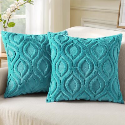 Covers 18x18 Inch Set of 2, Soft Plush Faux Wool Turquoise Couch-image