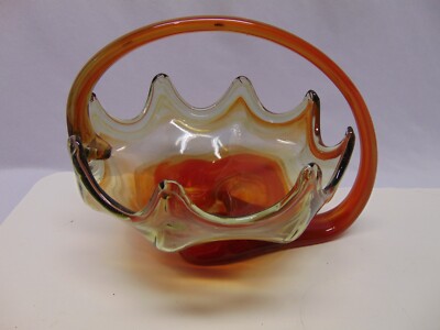 Art Glass Basket Bowl Orange Clear Swirl Mid Century Modern 12