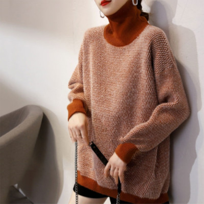 Women Turtleneck Faux Mohair Fur Sweater Pullover Warm Mid-length Knit Top Loose-image