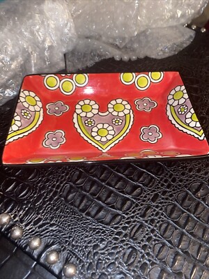 2 Creative Co Op Rectangle Stoneware Plates Handpainted Hearts Valentine's Day -image