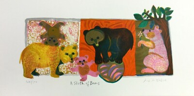 Mid Century Modern Unframed Sloth of Bears Judith Bledsoe Signed Litho-image