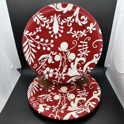 2 Mesa International Red White Porcelain 10.5” Dinner Plates Set Warner Vintage-image