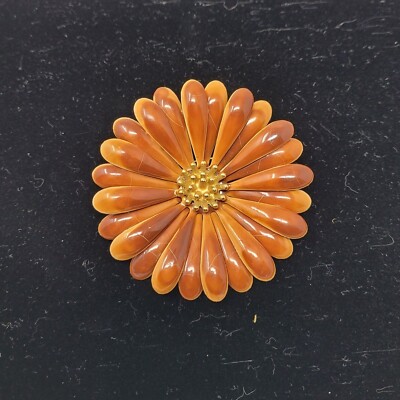 Vintage 60s Brown Orange Enamel Flower Brooch Pin Mid-Century Mod Sunflower Lg-image