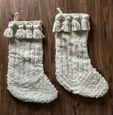 Set Of 2 Creative Co-op Cotton Tasseled Textured Beige 24” Christmas Stockings-image