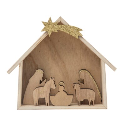 Creative Co-Op 6 Piece Nativity Set Natural Wood Barn Baby Mary Joseph Animals-image