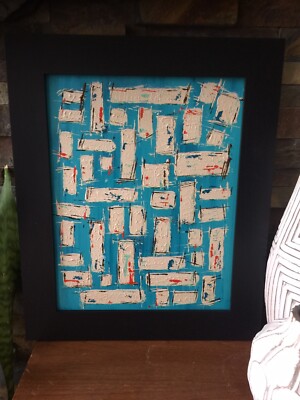 Mid Century Modern Abstract Art Acrylic Painting Blue Orange Ivory-image