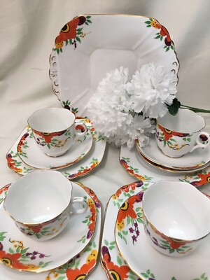 (15 Piece) Vintage Melba 'Orange Flower' Melba Bone China DESSERT SET  #3494-image