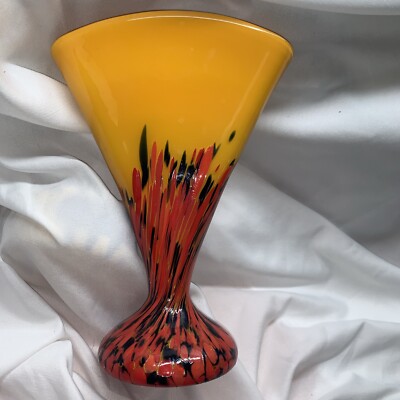 Czechoslovakia Art Deco Multicolored Fan Vase Mid Century Czech  Orange Black-image