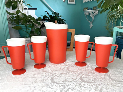Vintage MCM Orange Plastic Pitcher & 4 Pedestal Cups Wooden Handle RV Glamping-image