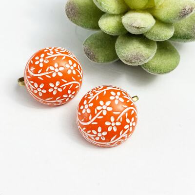 Mid Century Vintage Etched Orange Floral Button Clip Earrings Hong Kong-image