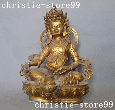 Old Tibet brass joss Buddhism temple wealth God Sit lotus Yellow Jambhala statue-image